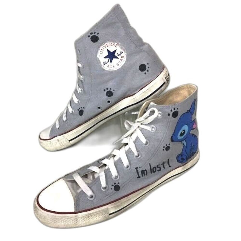 Converse-Lilo & Stitch-Men 8.5/Women 10.5 Hand-Painted 'I'm Lost' Gray-192U90902